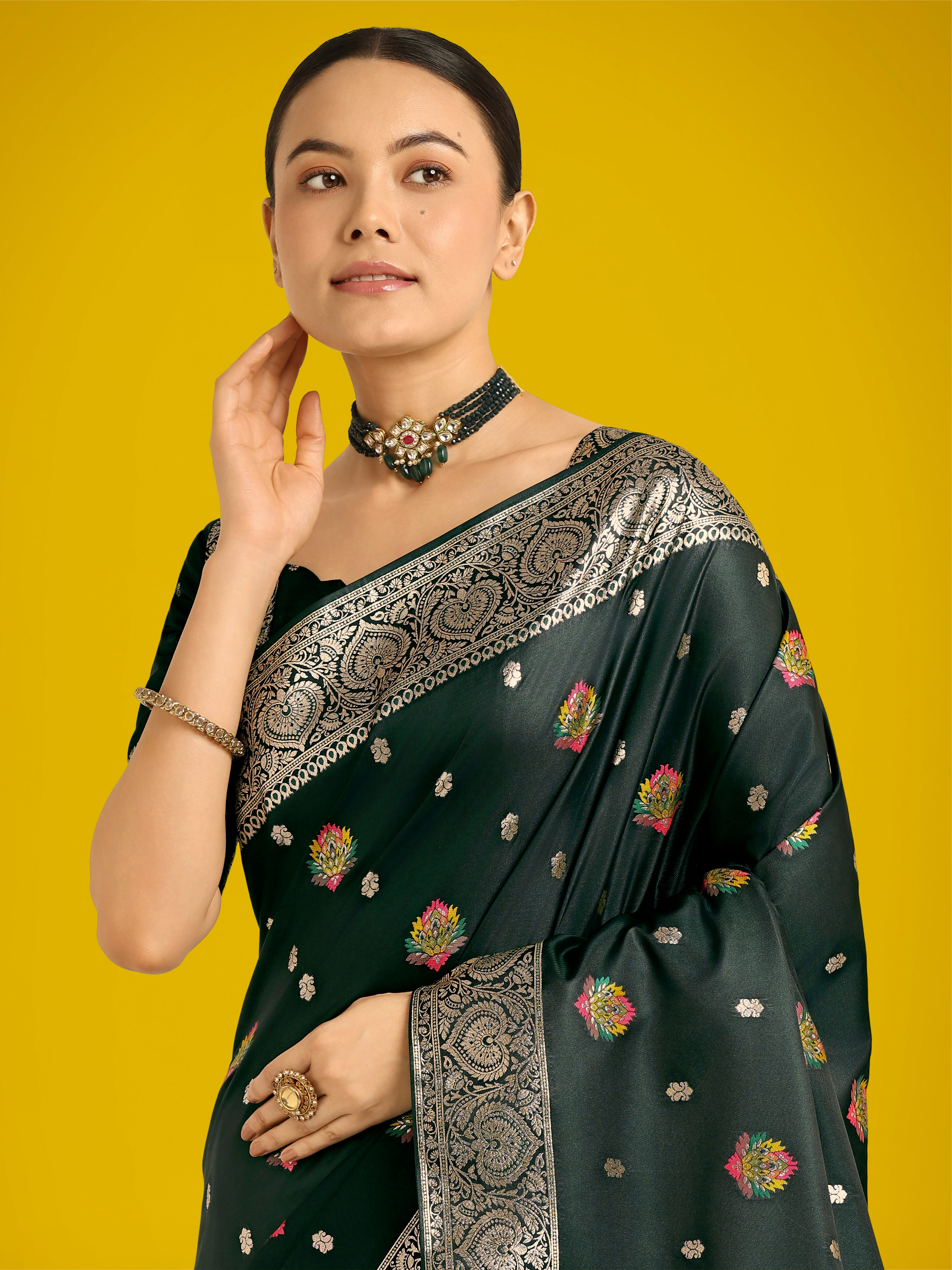 Monjolika Fashion Dark Green Charming Soft Banarasi Zari Woven Designer Satin Silk Saree With Lovely Blouse Piece