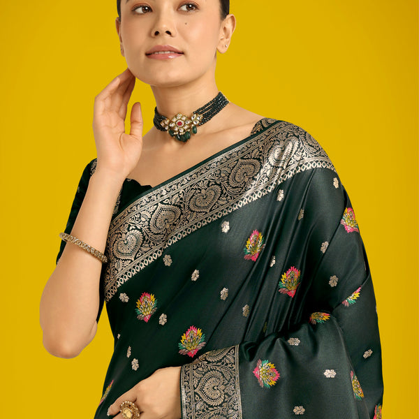 Monjolika Fashion Dark Green Charming Soft Banarasi Zari Woven Designer Satin Silk Saree With Lovely Blouse Piece - Distacart