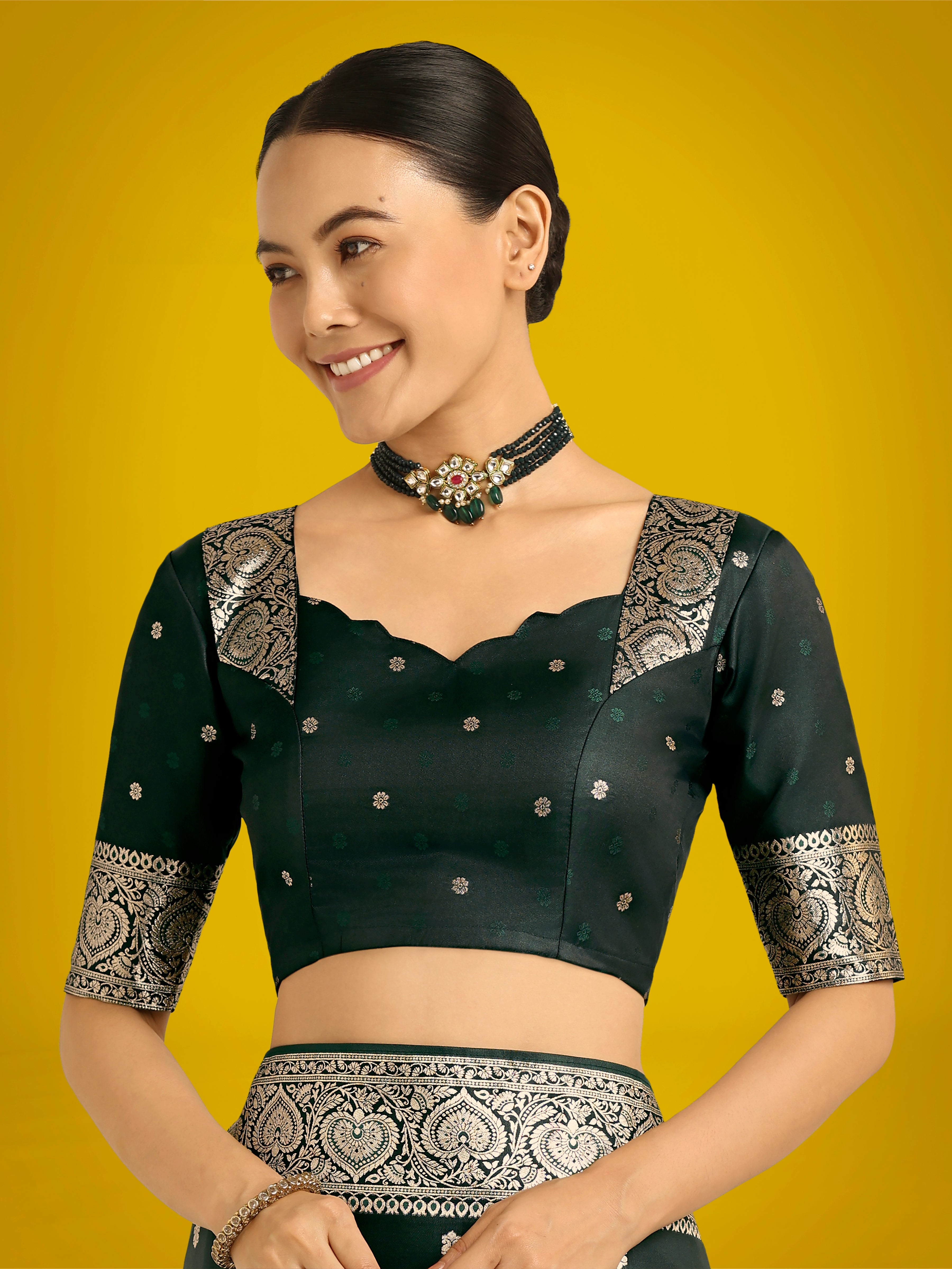 Monjolika Fashion Dark Green Charming Soft Banarasi Zari Woven Designer Satin Silk Saree With Lovely Blouse Piece