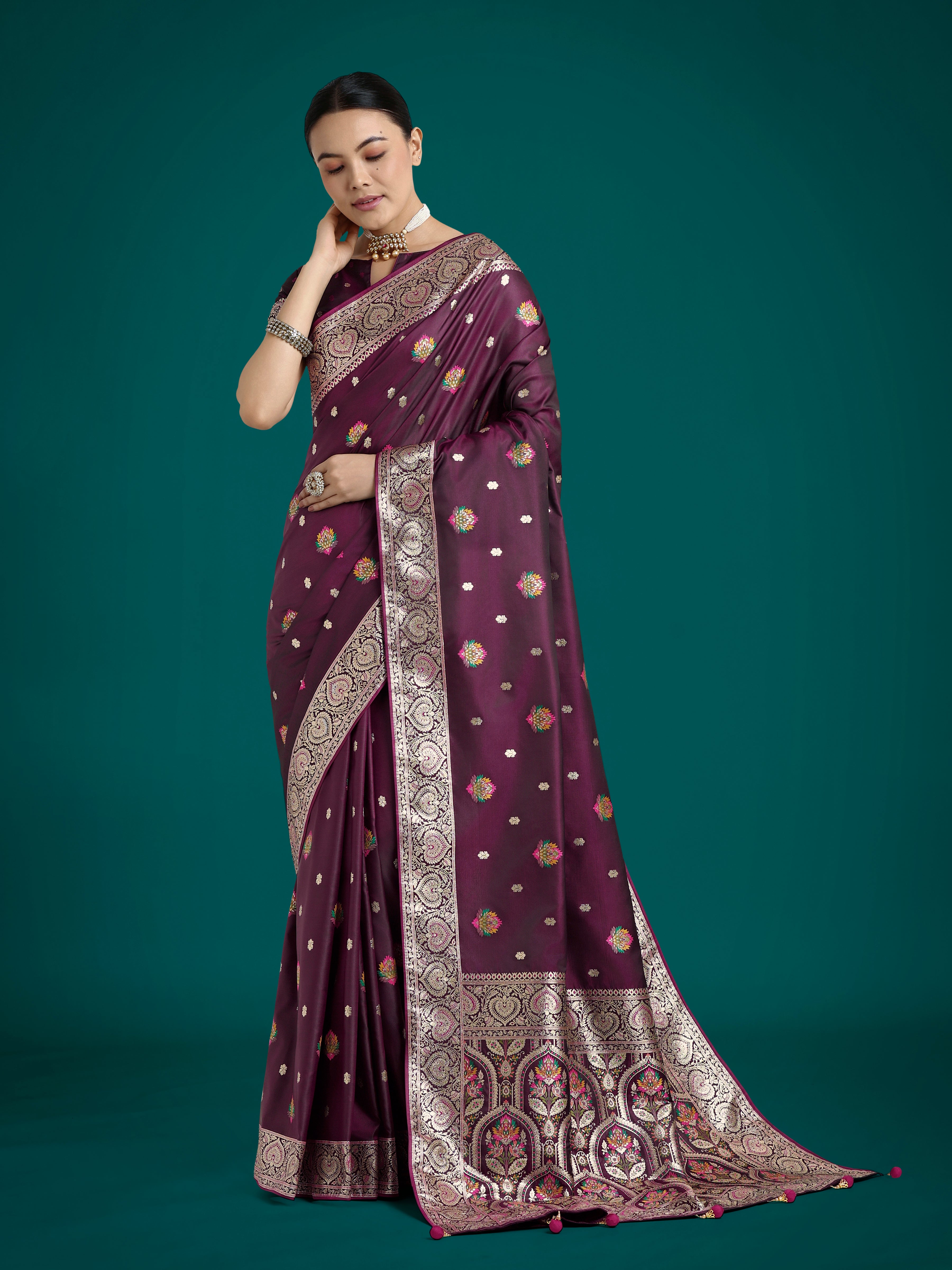 Monjolika Fashion Wine Charming Soft Banarasi Zari Woven Designer Satin Silk Saree With Lovely Blouse Piece