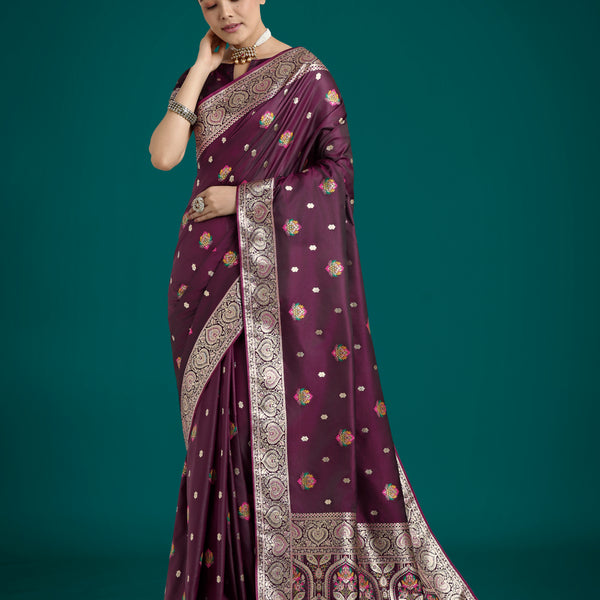 Monjolika Fashion Wine Charming Soft Banarasi Zari Woven Designer Satin Silk Saree With Lovely Blouse Piece - Distacart