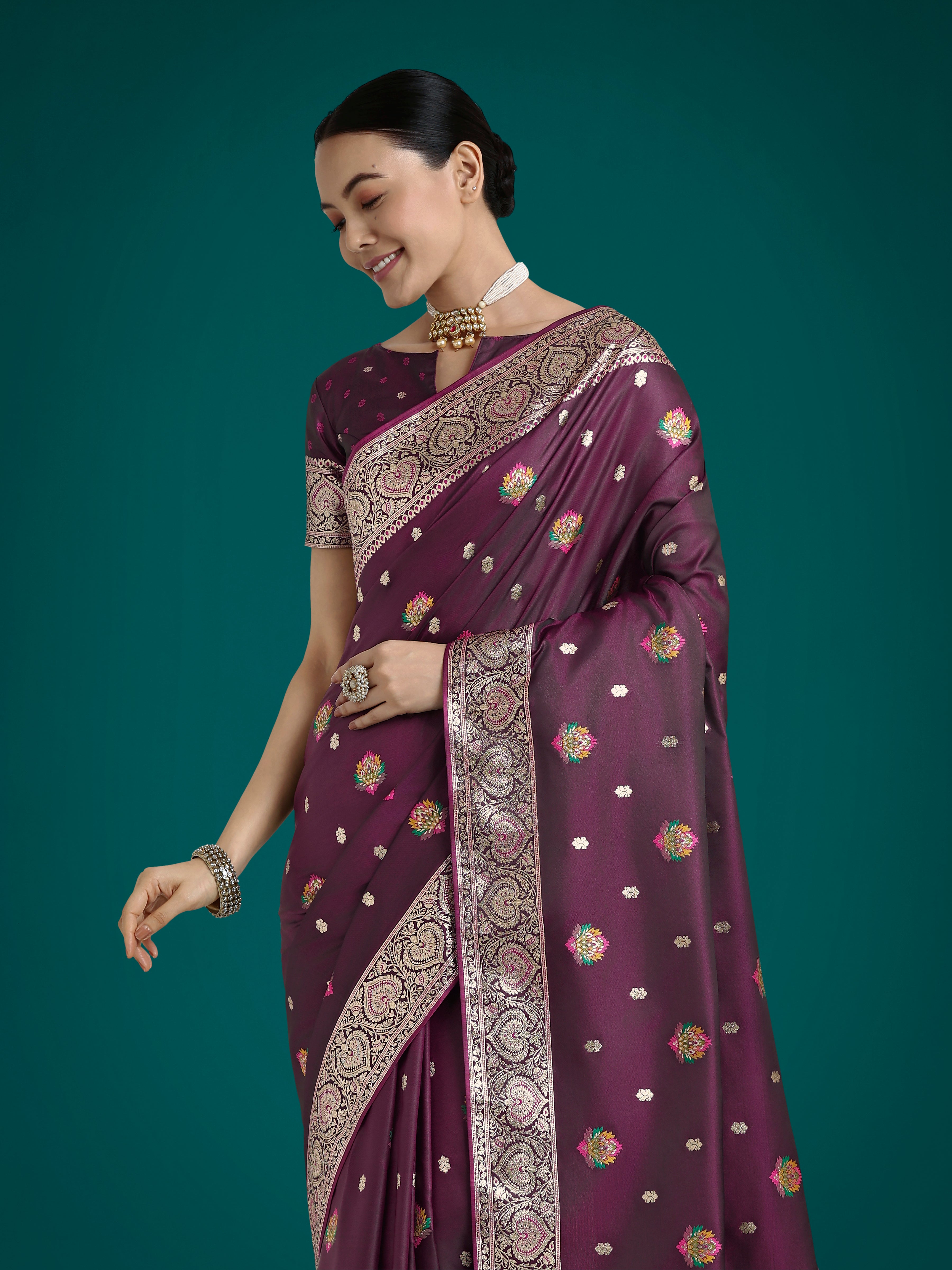 Monjolika Fashion Wine Charming Soft Banarasi Zari Woven Designer Satin Silk Saree With Lovely Blouse Piece