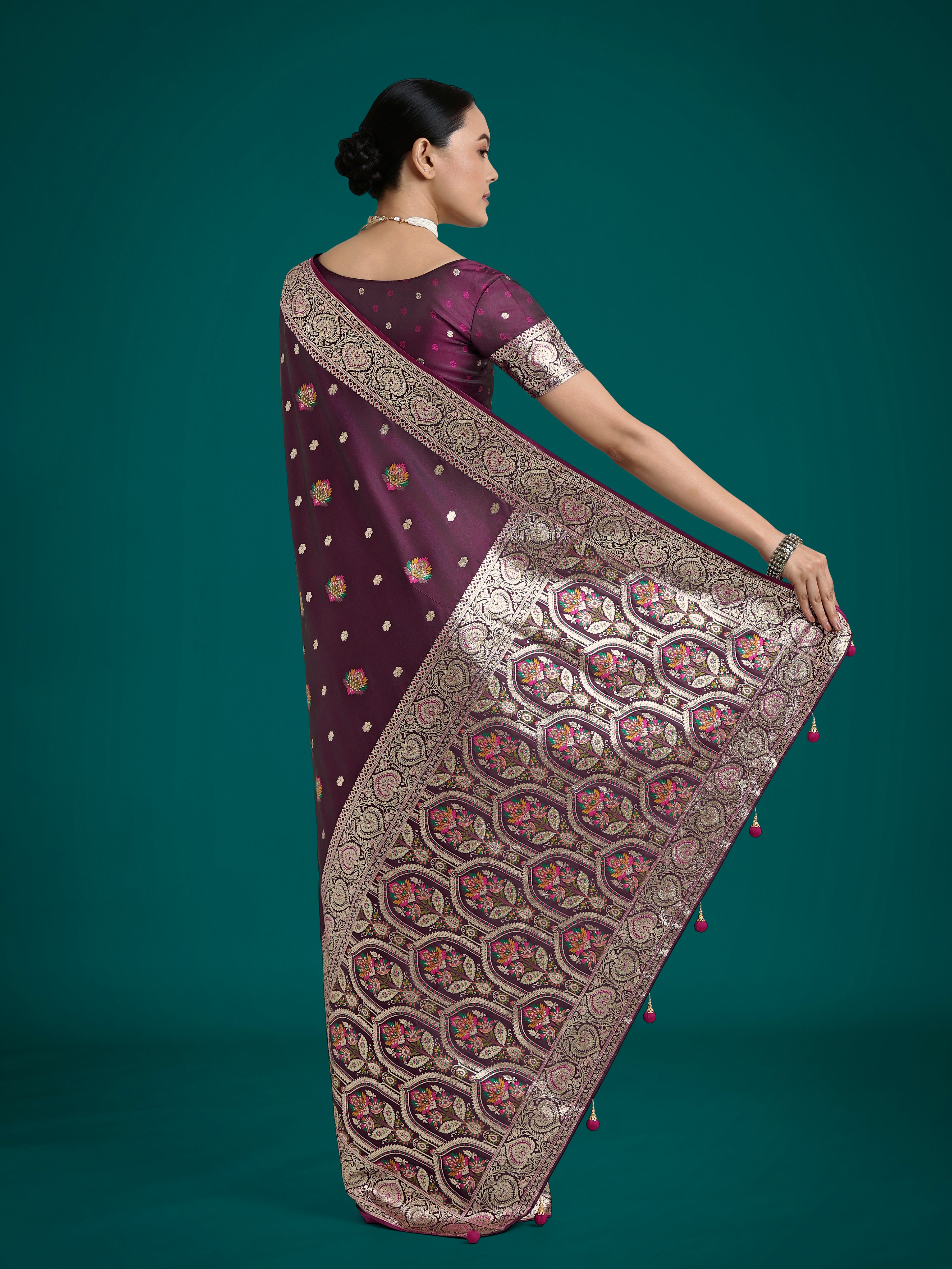 Monjolika Fashion Wine Charming Soft Banarasi Zari Woven Designer Satin Silk Saree With Lovely Blouse Piece