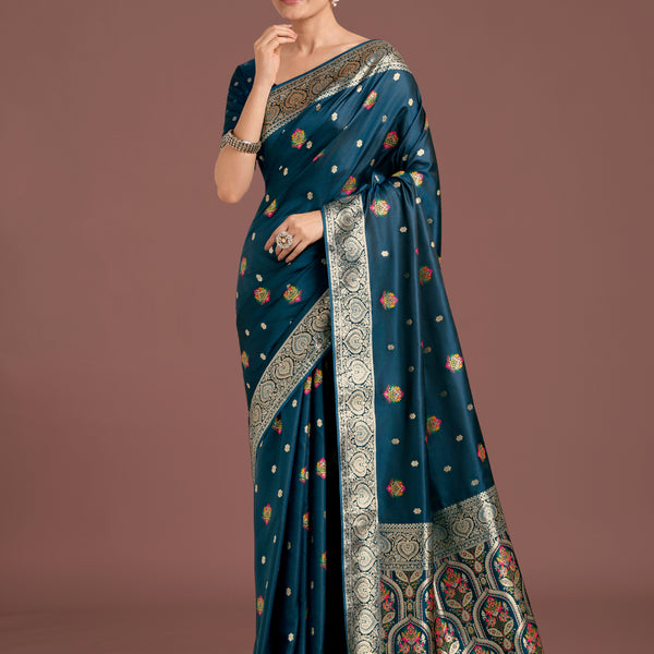 Monjolika Fashion Teal Charming Soft Banarasi Zari Woven Designer Satin Silk Saree With Lovely Blouse Piece - Distacart