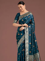 Thumbnail for Monjolika Fashion Teal Charming Soft Banarasi Zari Woven Designer Satin Silk Saree With Lovely Blouse Piece