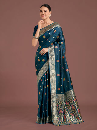 Monjolika Fashion Teal Charming Soft Banarasi Zari Woven Designer Satin Silk Saree With Lovely Blouse Piece
