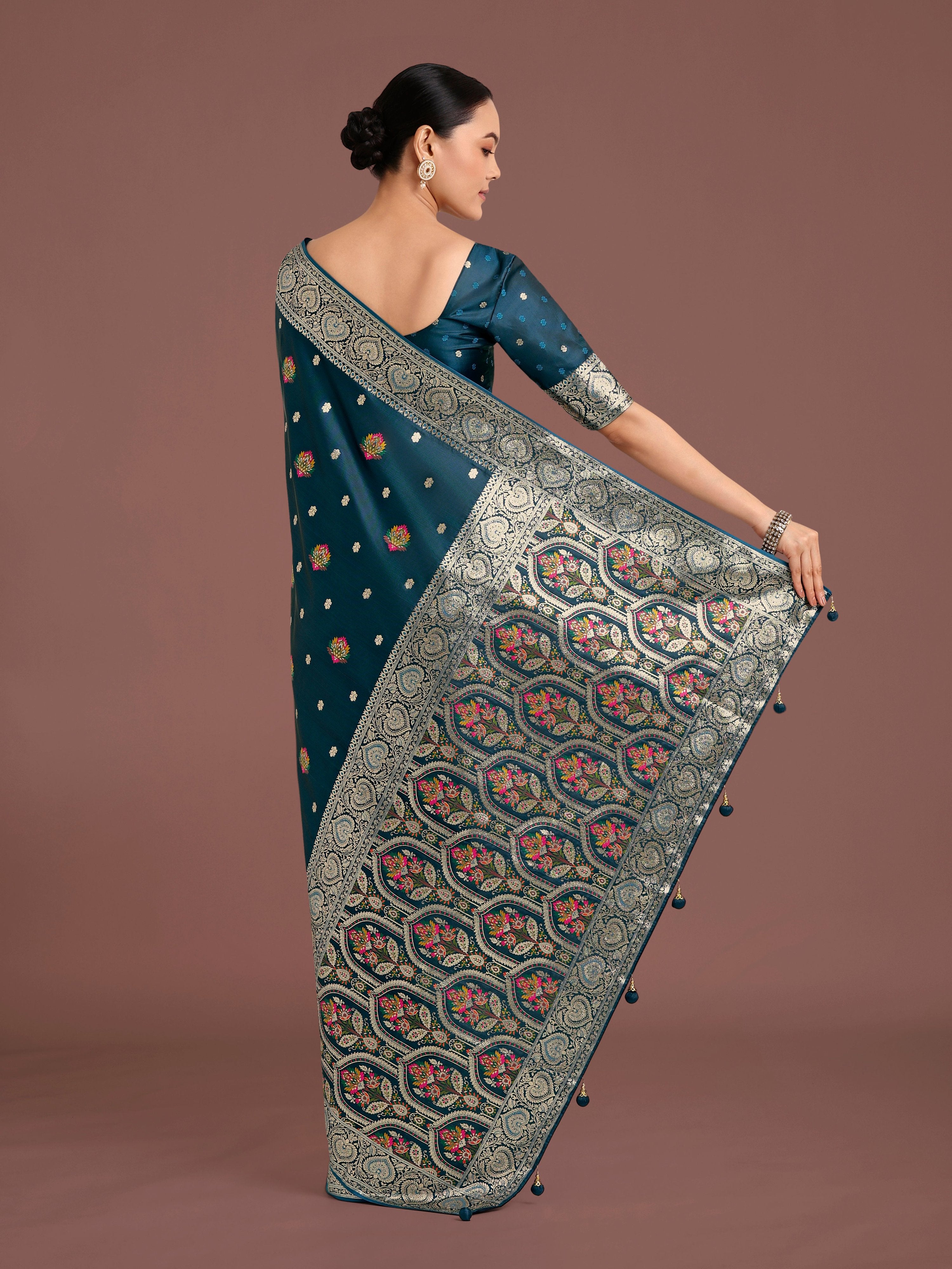Monjolika Fashion Teal Charming Soft Banarasi Zari Woven Designer Satin Silk Saree With Lovely Blouse Piece
