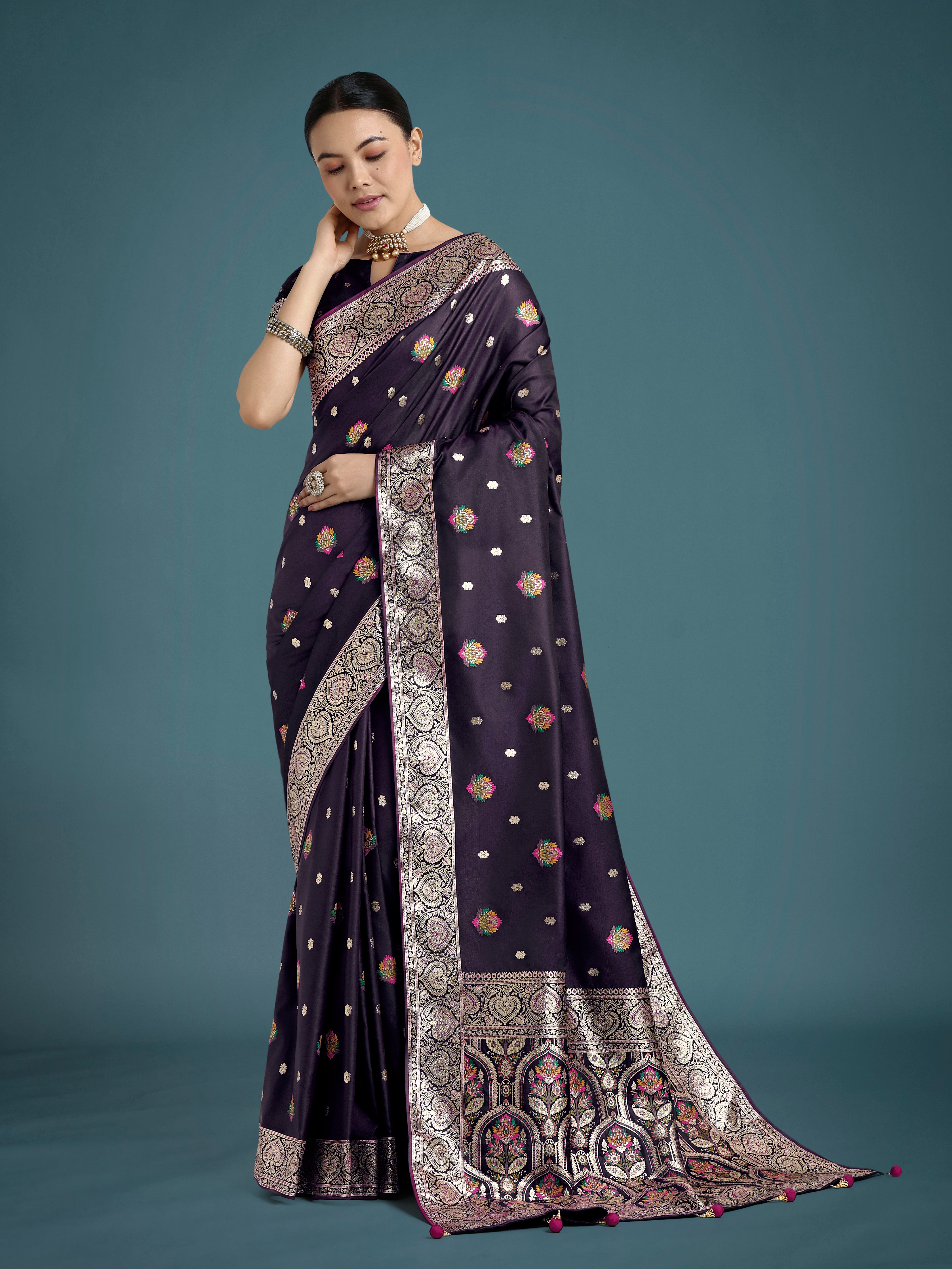 Monjolika Fashion Purple Charming Soft Banarasi Zari Woven Designer Satin Silk Saree With Lovely Blouse Piece