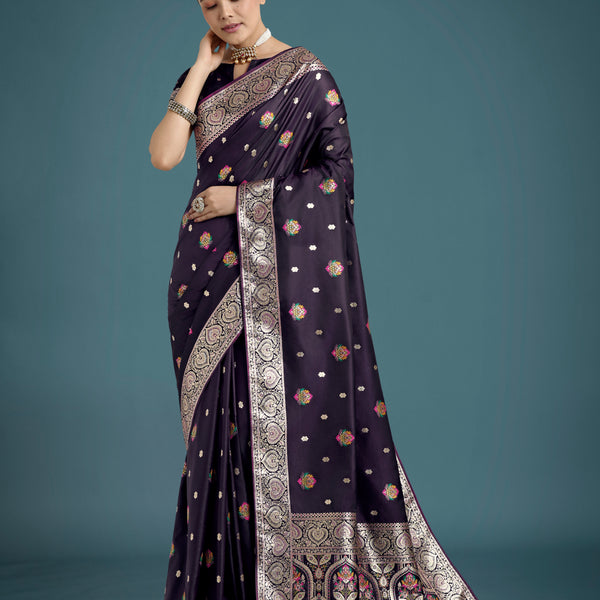 Monjolika Fashion Purple Charming Soft Banarasi Zari Woven Designer Satin Silk Saree With Lovely Blouse Piece - Distacart