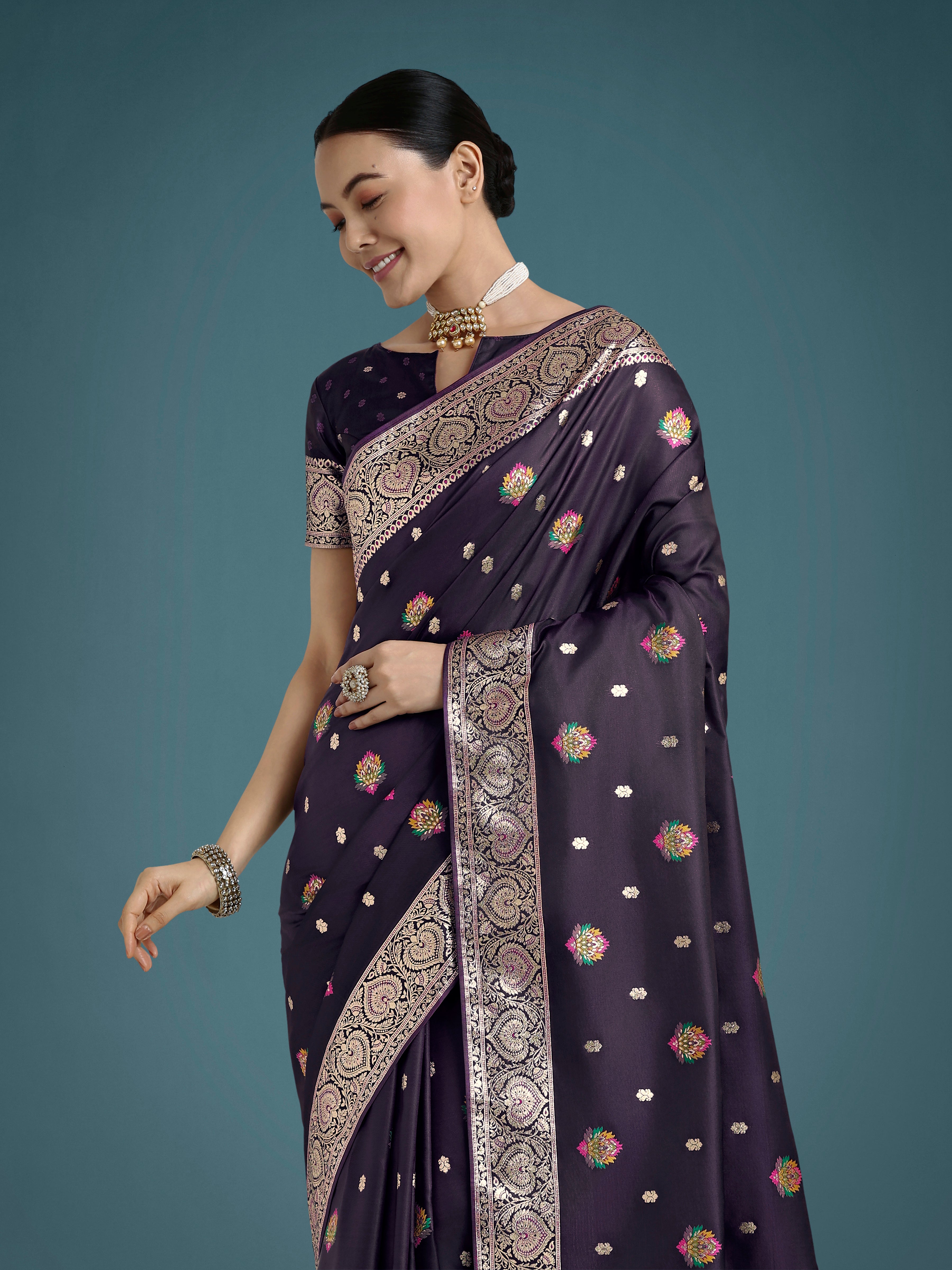 Monjolika Fashion Purple Charming Soft Banarasi Zari Woven Designer Satin Silk Saree With Lovely Blouse Piece