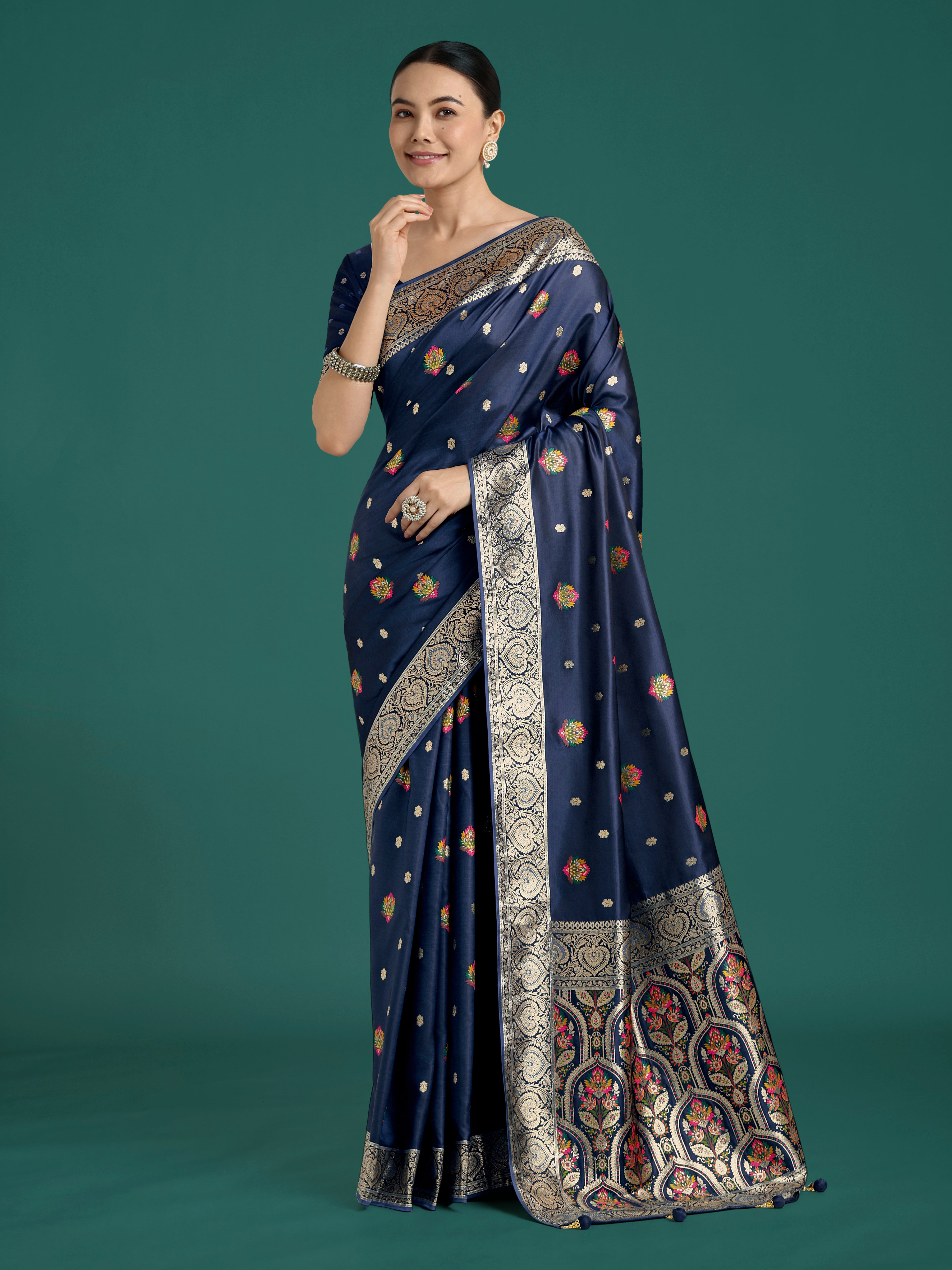 Monjolika Fashion Navy blue Charming Soft Banarasi Zari Woven Designer Satin Silk Saree With Lovely Blouse Piece