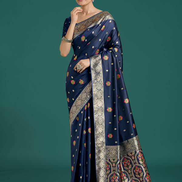 Monjolika Fashion Navy blue Charming Soft Banarasi Zari Woven Designer Satin Silk Saree With Lovely Blouse Piece - Distacart
