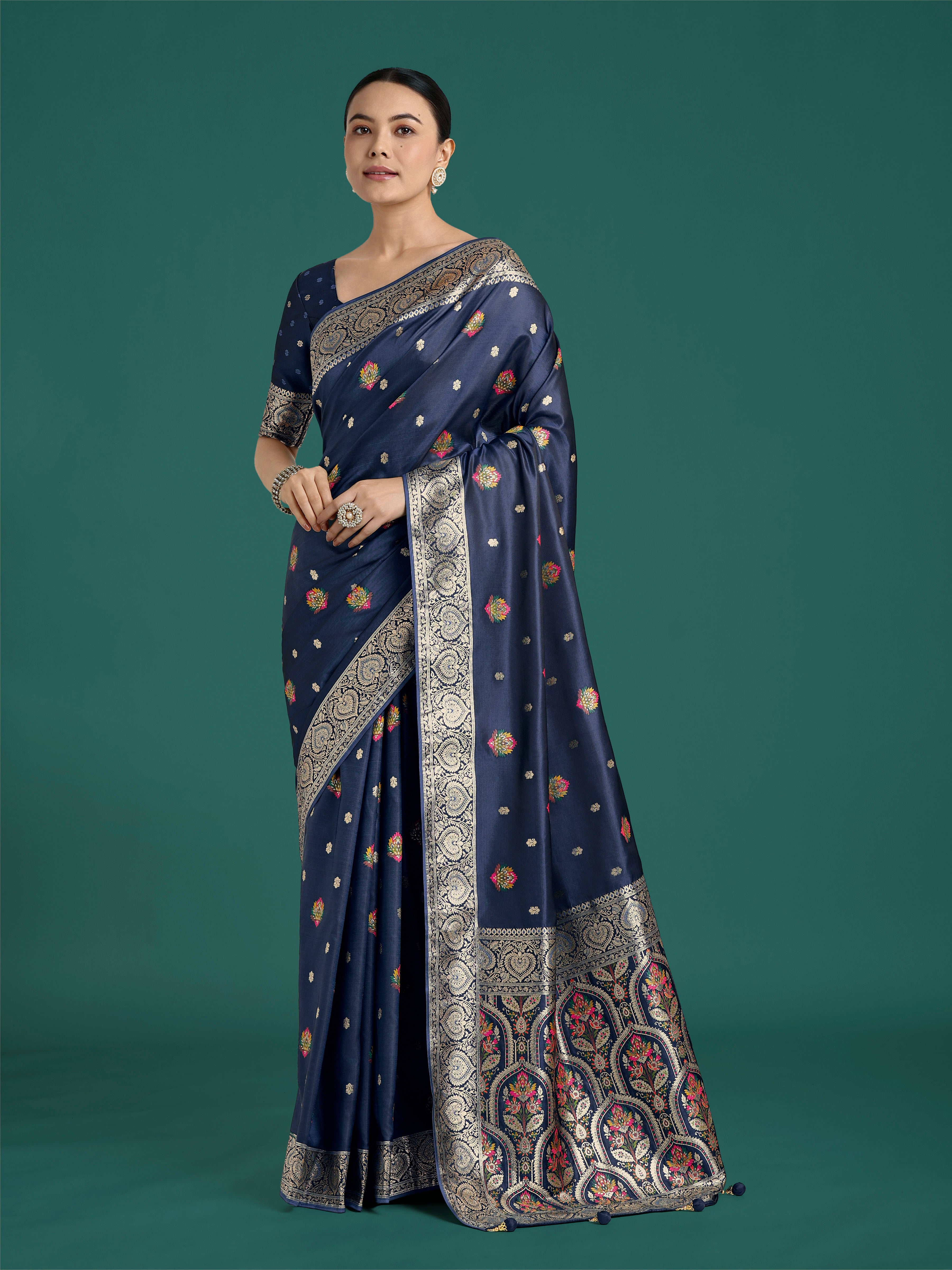 Monjolika Fashion Navy blue Charming Soft Banarasi Zari Woven Designer Satin Silk Saree With Lovely Blouse Piece