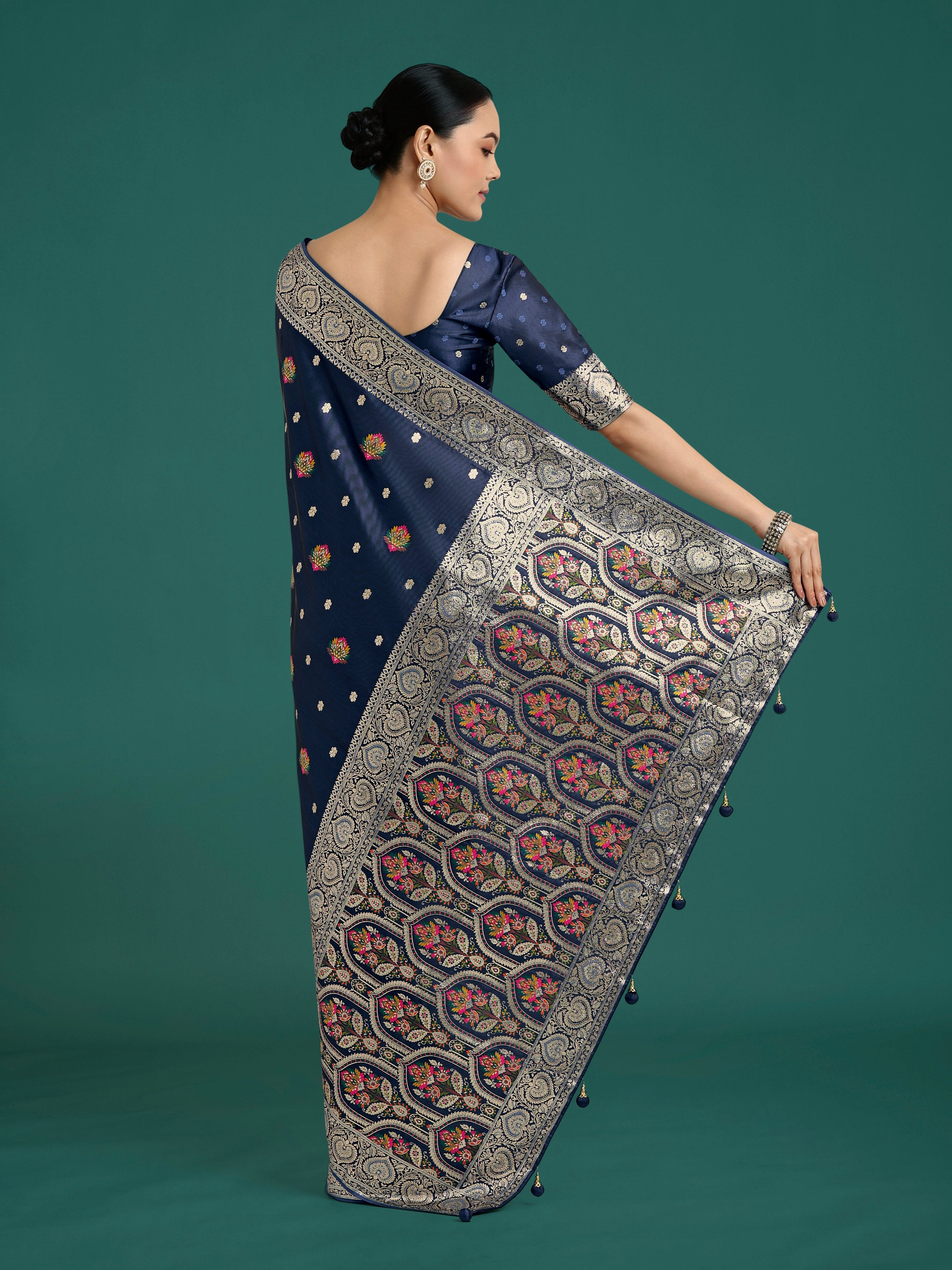 Monjolika Fashion Navy blue Charming Soft Banarasi Zari Woven Designer Satin Silk Saree With Lovely Blouse Piece