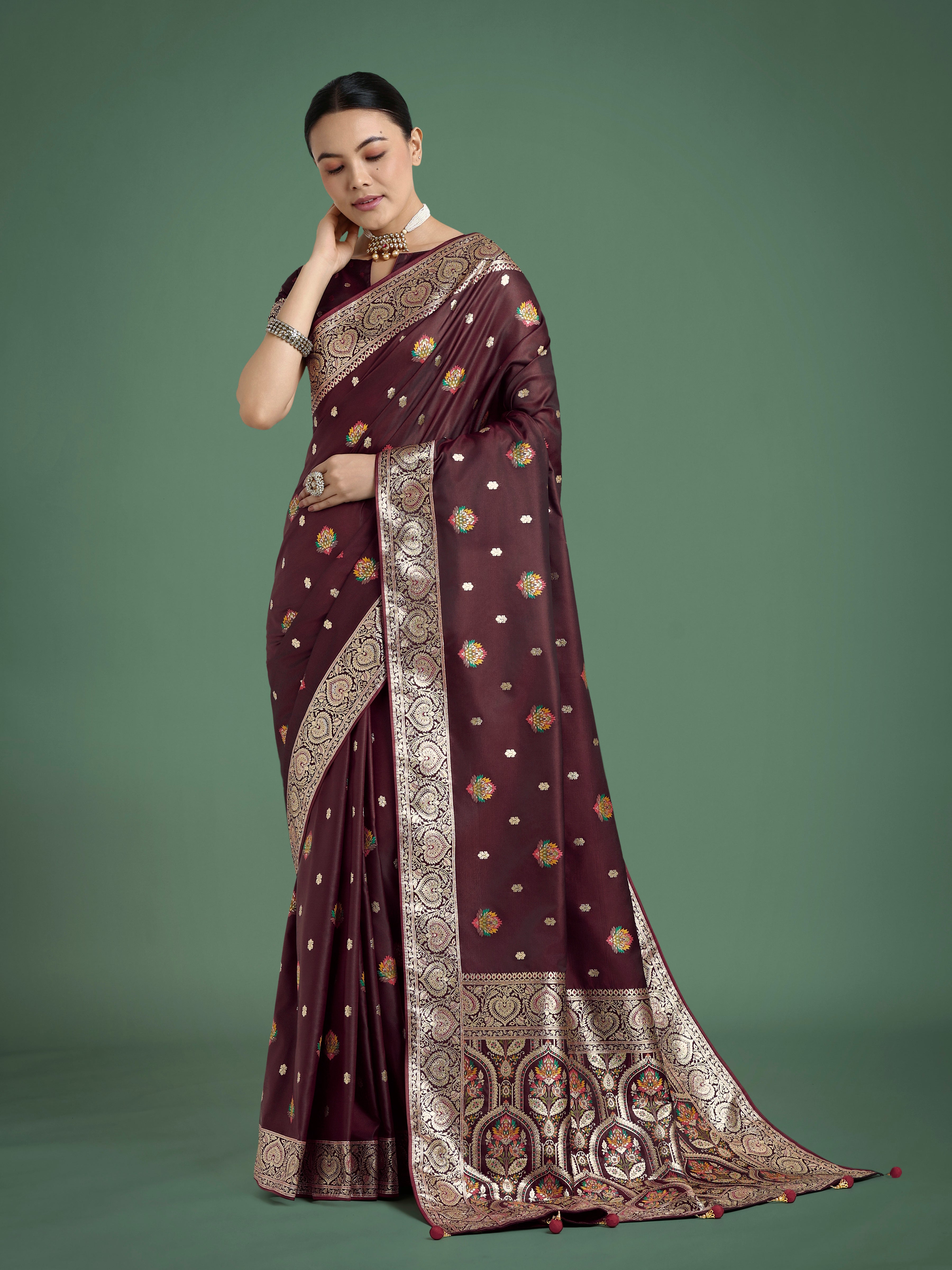 Monjolika Fashion Maroon Charming Soft Banarasi Zari Woven Designer Satin Silk Saree With Lovely Blouse Piece