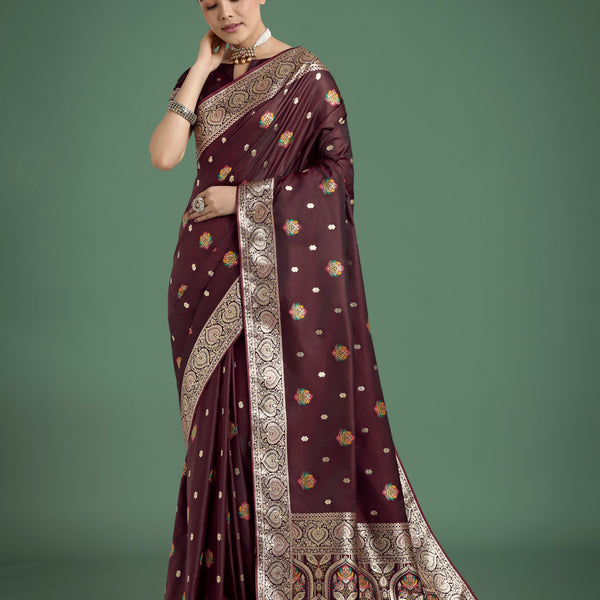 Monjolika Fashion Maroon Charming Soft Banarasi Zari Woven Designer Satin Silk Saree With Lovely Blouse Piece - Distacart