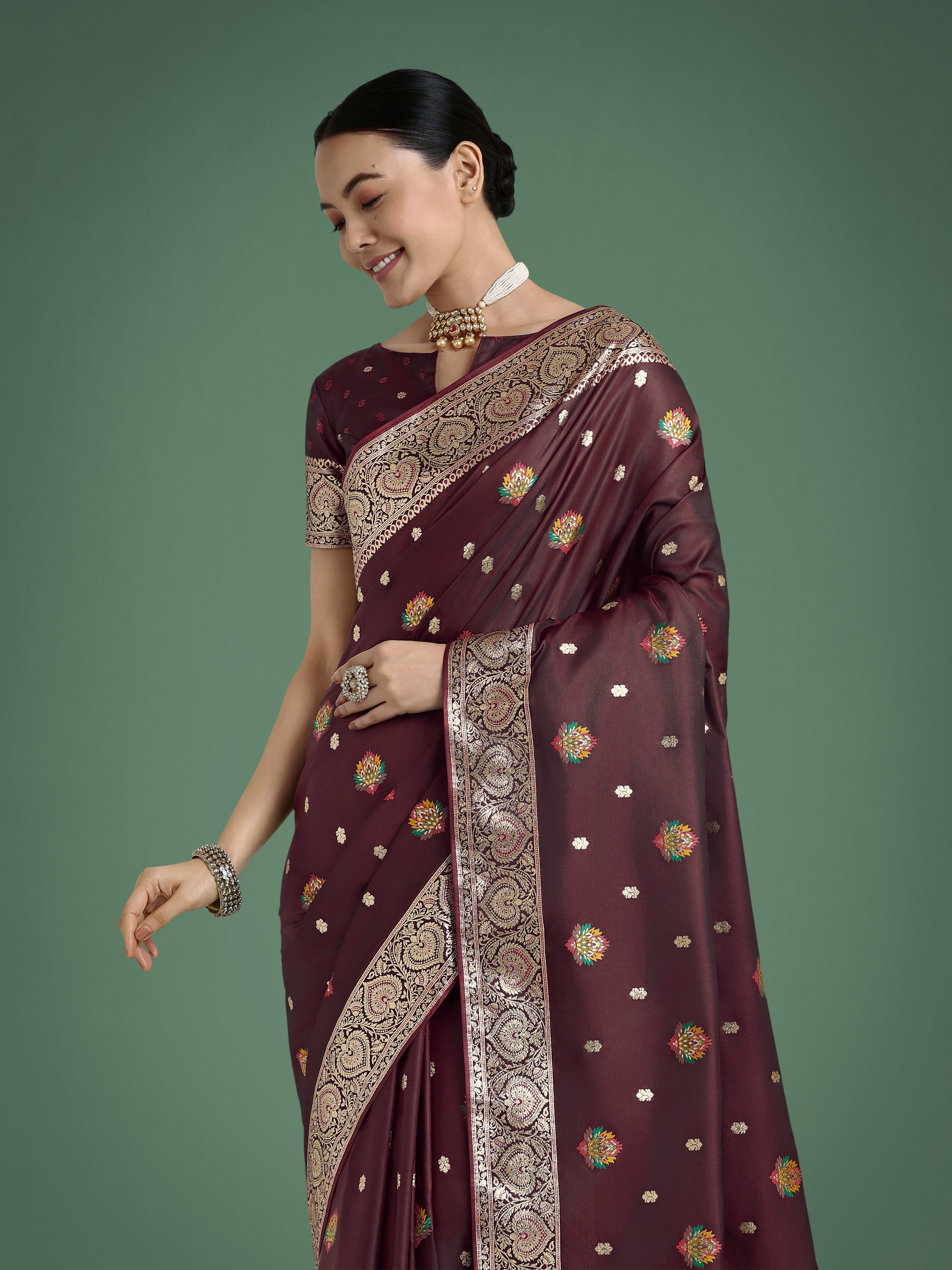 Monjolika Fashion Maroon Charming Soft Banarasi Zari Woven Designer Satin Silk Saree With Lovely Blouse Piece