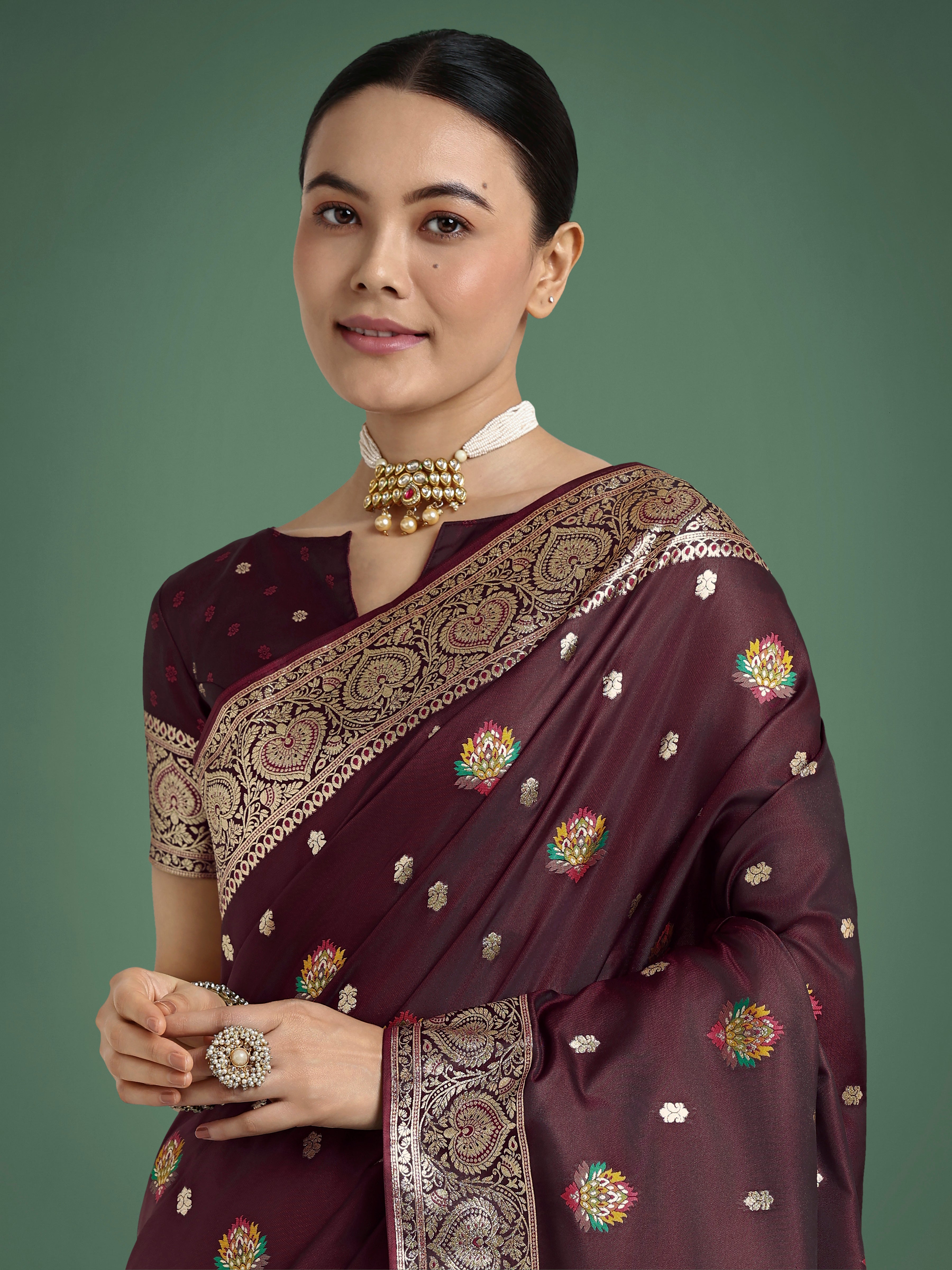Monjolika Fashion Maroon Charming Soft Banarasi Zari Woven Designer Satin Silk Saree With Lovely Blouse Piece