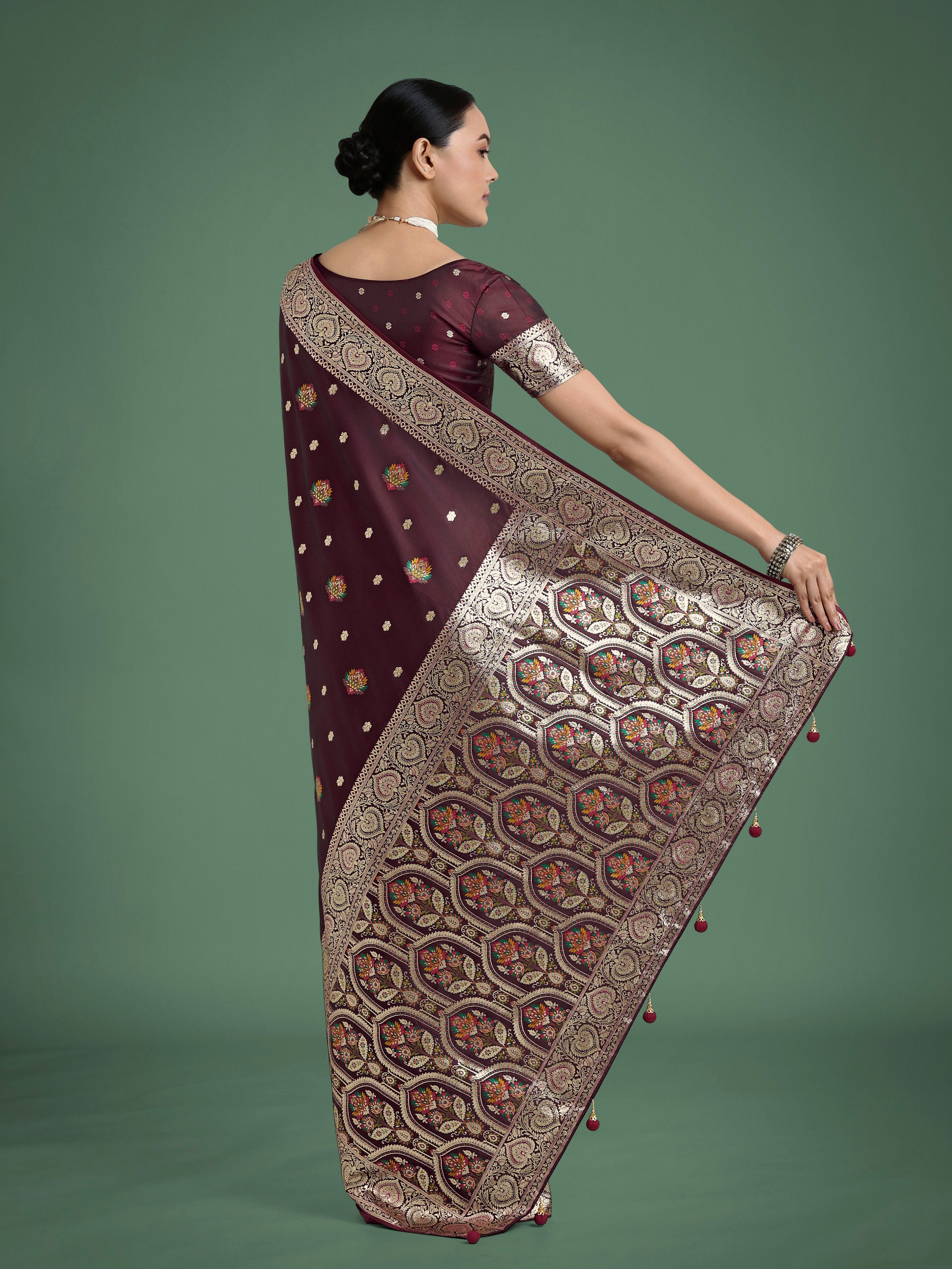 Monjolika Fashion Maroon Charming Soft Banarasi Zari Woven Designer Satin Silk Saree With Lovely Blouse Piece