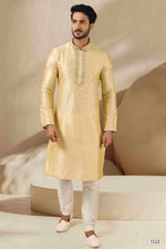 Thumbnail for Raivat Ethnic Banarasi Art Silk Thread Work Kurta Pajama In Gold Colour - Distacart