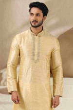 Thumbnail for Raivat Ethnic Banarasi Art Silk Thread Work Kurta Pajama In Gold Colour - Distacart