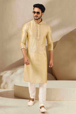 Thumbnail for Raivat Ethnic Banarasi Art Silk Thread Work Kurta Pajama In Gold Colour - Distacart