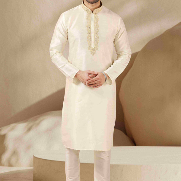 Raivat Ethnic Banarasi Art Silk Thread Work Kurta Pajama In Lemon Cream Colour - Distacart