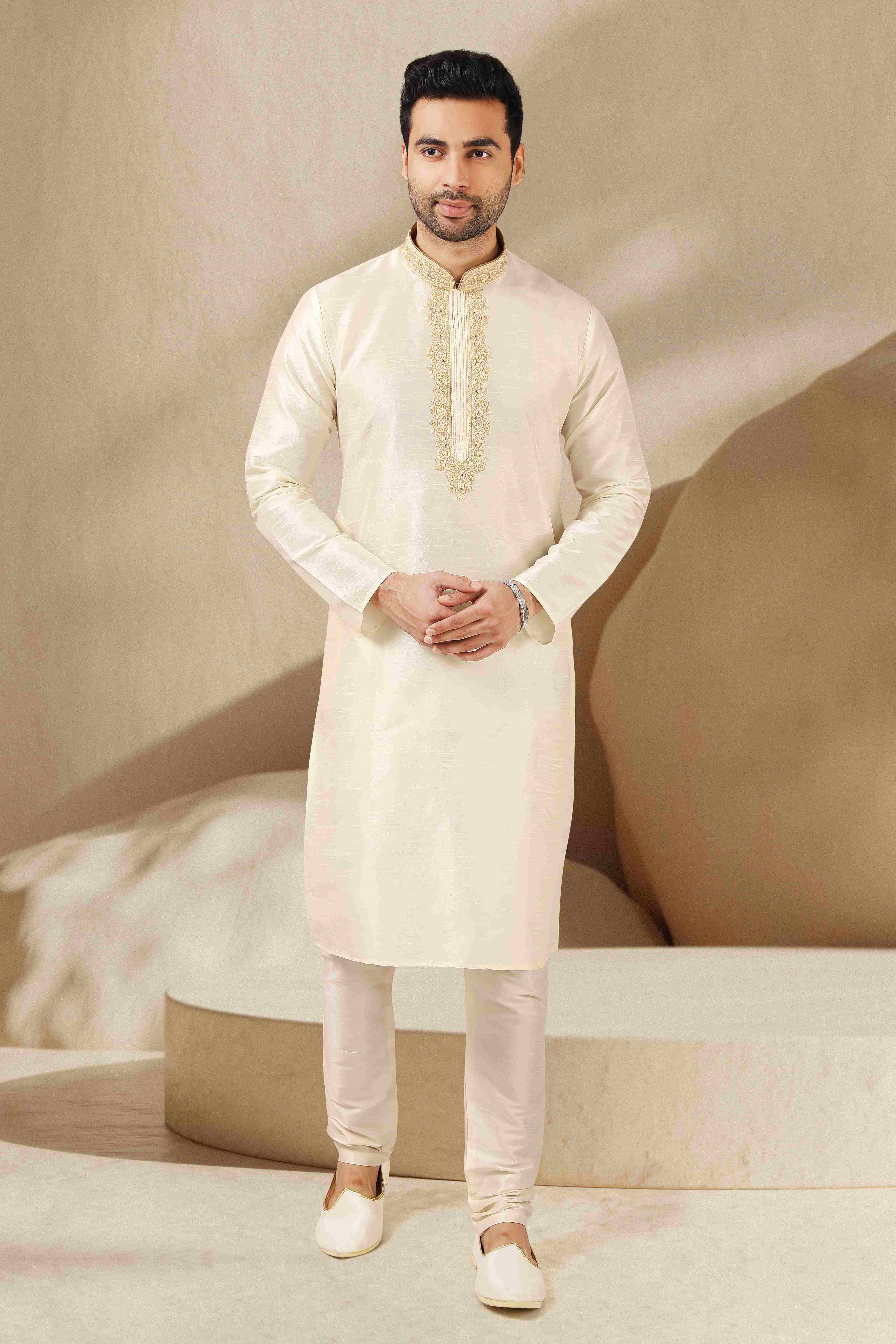 Raivat Ethnic Banarasi Art Silk Thread Work Kurta Pajama In Lemon Cream Colour - Distacart