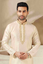 Thumbnail for Raivat Ethnic Banarasi Art Silk Thread Work Kurta Pajama In Lemon Cream Colour - Distacart