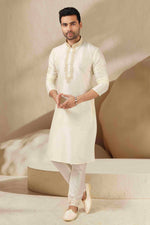 Thumbnail for Raivat Ethnic Banarasi Art Silk Thread Work Kurta Pajama In Lemon Cream Colour - Distacart