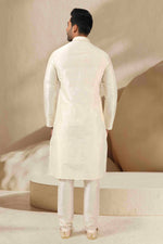 Thumbnail for Raivat Ethnic Banarasi Art Silk Thread Work Kurta Pajama In Lemon Cream Colour - Distacart