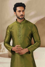 Thumbnail for Raivat Ethnic Banarasi Art Silk Thread Work Kurta Pajama In Green Colour - Distacart
