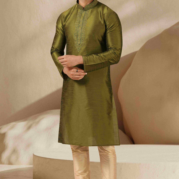 Raivat Ethnic Banarasi Art Silk Thread Work Kurta Pajama In Green Colour - Distacart