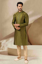 Thumbnail for Raivat Ethnic Banarasi Art Silk Thread Work Kurta Pajama In Green Colour - Distacart