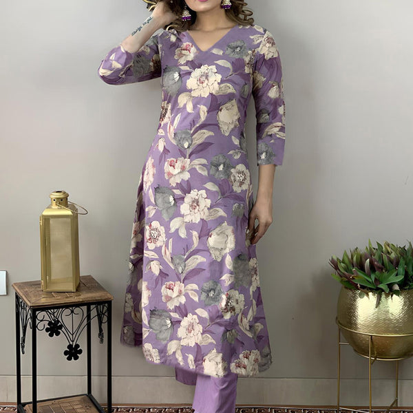 Kalini Floral Printed V-Neck Kurta with Trousers - Distacart