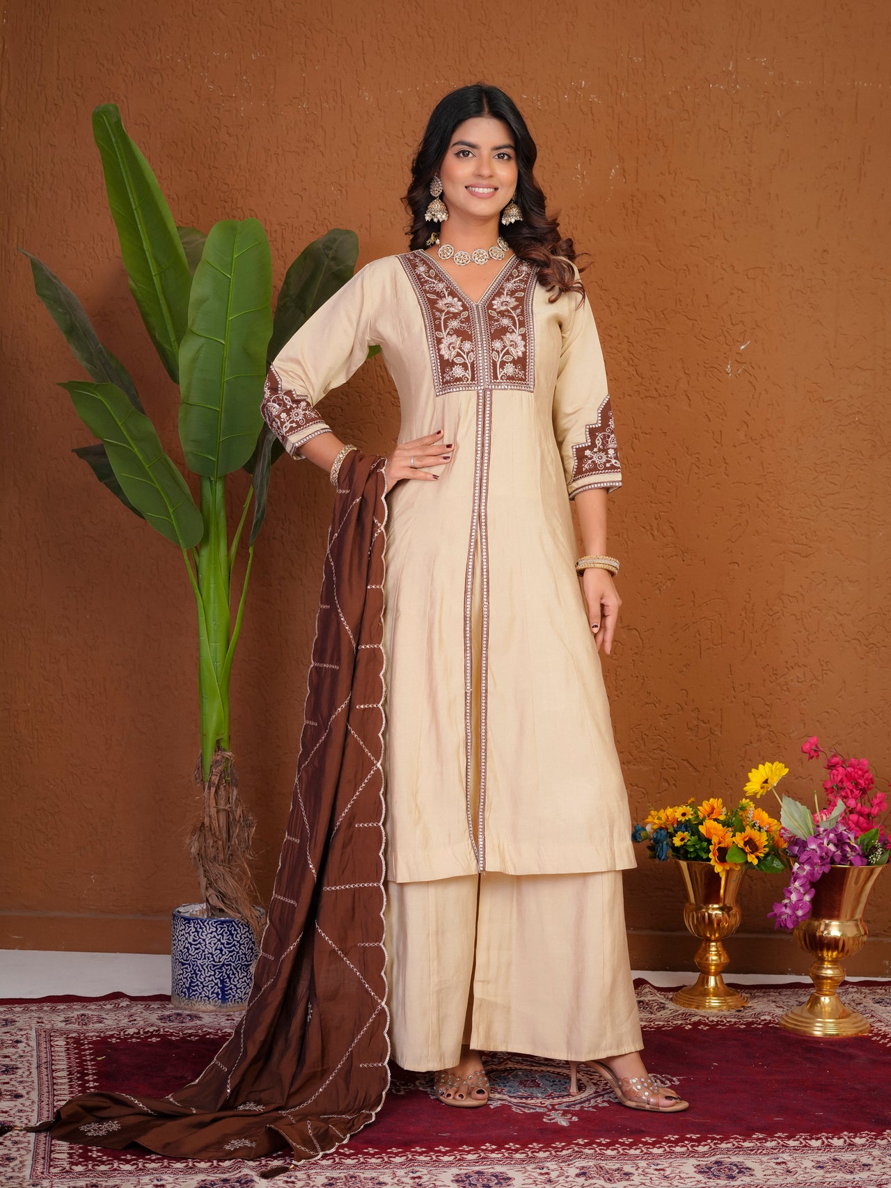Lorenvalley Fashion Cream Roman Silk Multi Embroidery Thread With Beautiful Hand Work Kurta Palazzo Dupatta - Dista