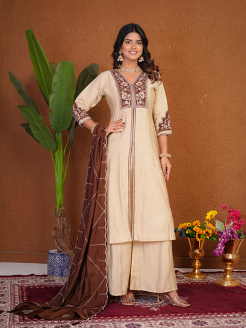 Lorenvalley Fashion Cream Roman Silk Multi Embroidery Thread With Beautiful Hand Work Kurta Palazzo Dupatta - Dista