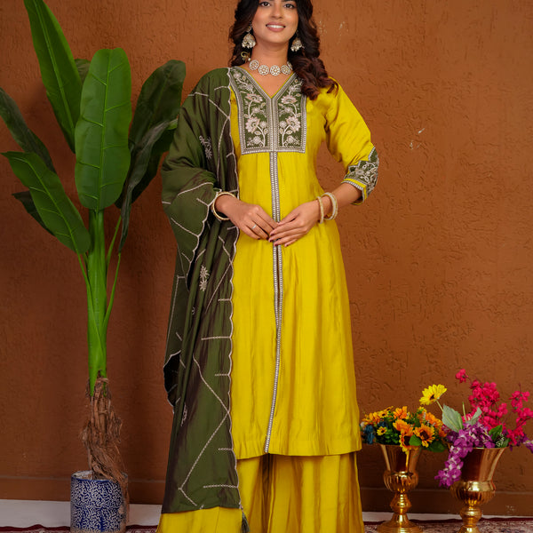 Lorenvalley Fashion Mustard Roman Silk Multi Embroidery Thread With Beautiful Hand Work Kurta Palazzo Dupatta - Dista