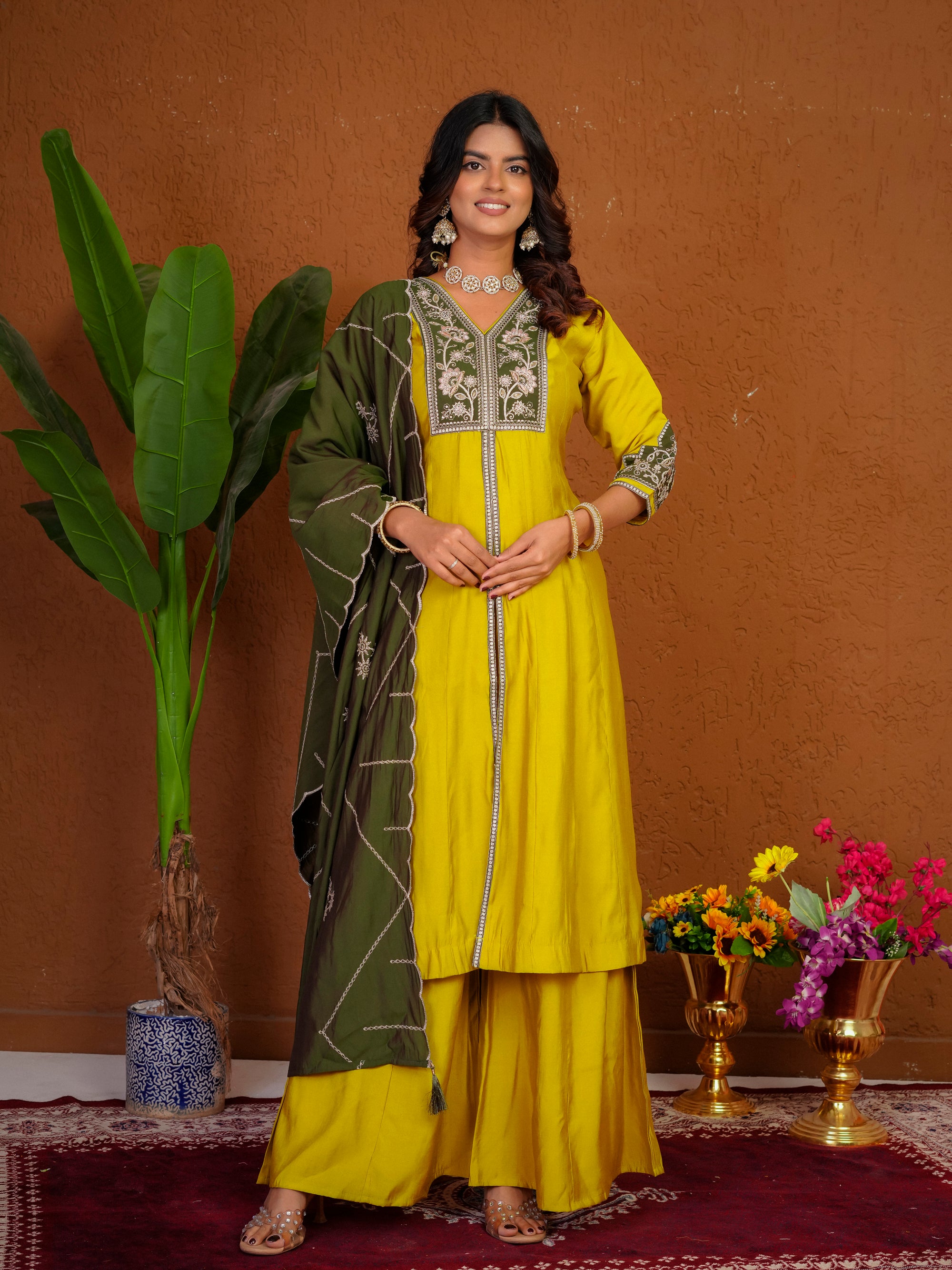 Lorenvalley Fashion Mustard Roman Silk Multi Embroidery Thread With Beautiful Hand Work Kurta Palazzo Dupatta - Dista
