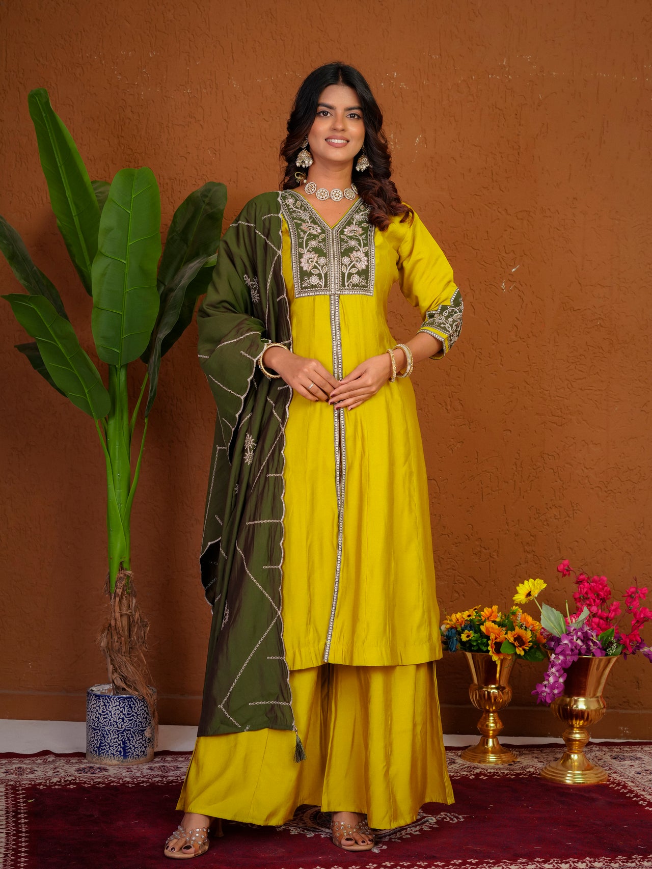 Lorenvalley Fashion Mustard Roman Silk Multi Embroidery Thread With Beautiful Hand Work Kurta Palazzo Dupatta - Dista