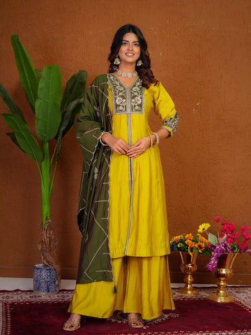 Lorenvalley Fashion Mustard Roman Silk Multi Embroidery Thread With Beautiful Hand Work Kurta Palazzo Dupatta - Dista