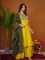 Thumbnail for Lorenvalley Fashion Mustard Roman Silk Multi Embroidery Thread With Beautiful Hand Work Kurta Palazzo Dupatta - Dista