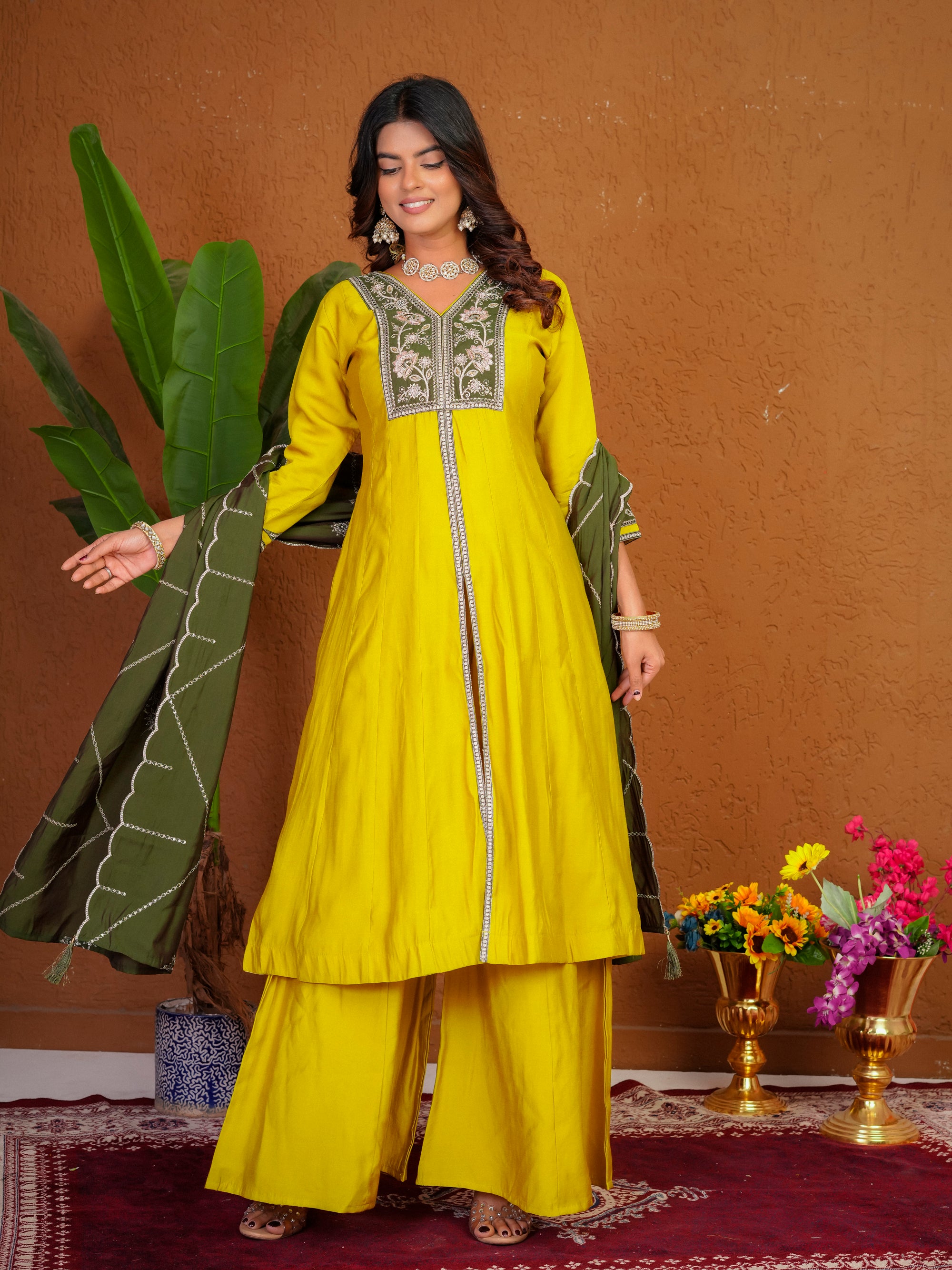 Lorenvalley Fashion Mustard Roman Silk Multi Embroidery Thread With Beautiful Hand Work Kurta Palazzo Dupatta - Dista