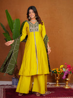 Thumbnail for Lorenvalley Fashion Mustard Roman Silk Multi Embroidery Thread With Beautiful Hand Work Kurta Palazzo Dupatta - Dista