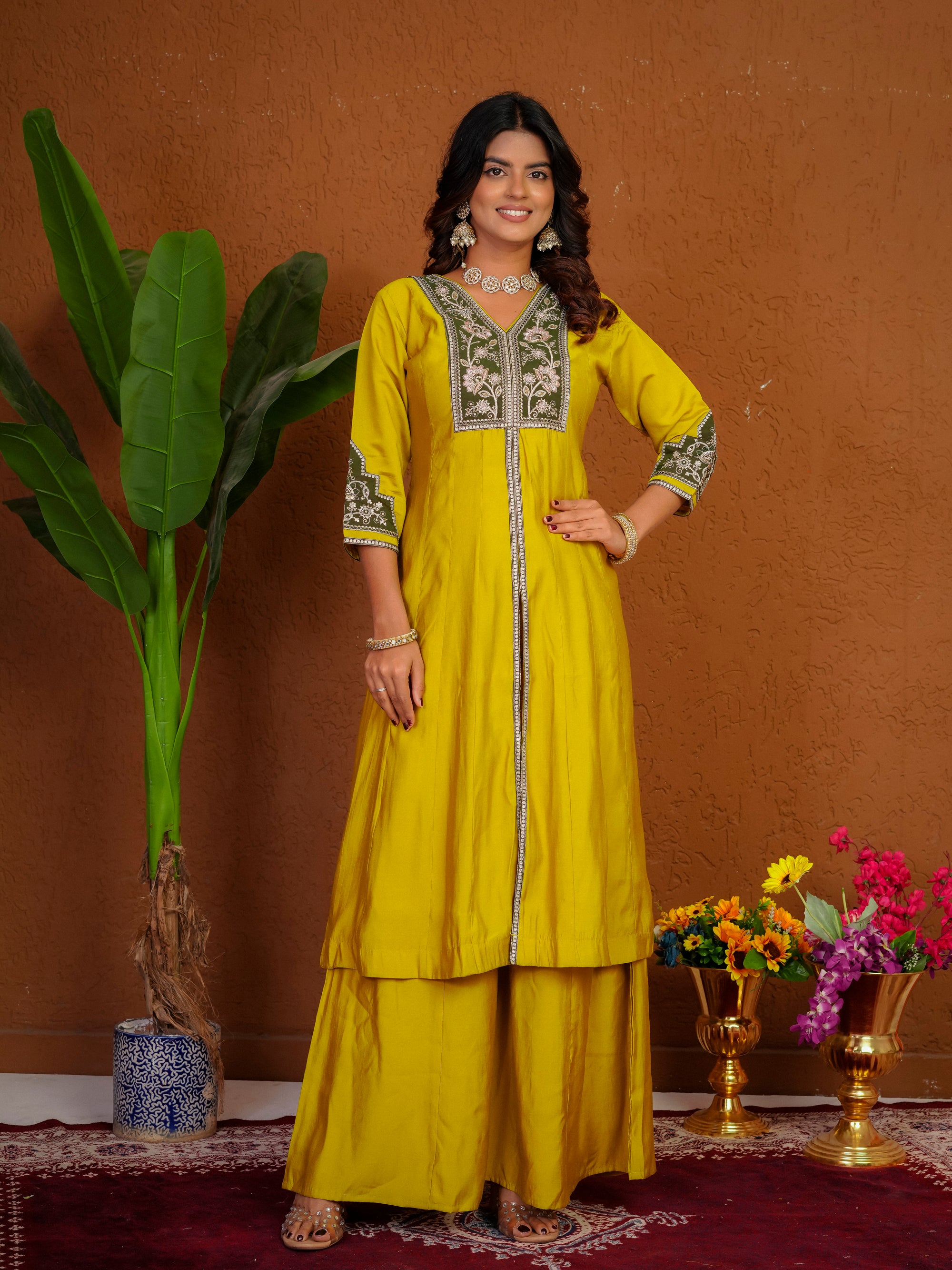 Lorenvalley Fashion Mustard Roman Silk Multi Embroidery Thread With Beautiful Hand Work Kurta Palazzo Dupatta - Dista