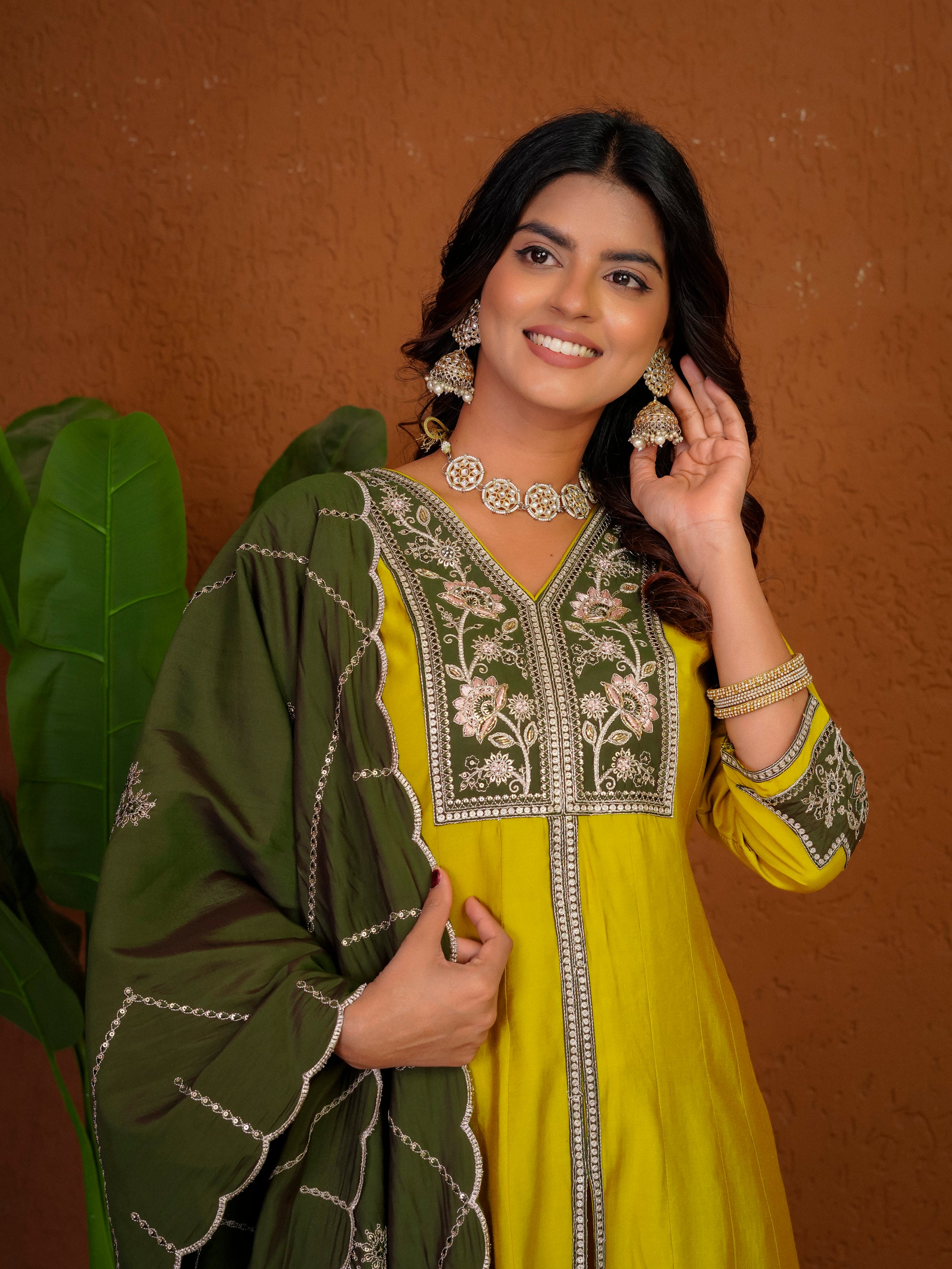 Lorenvalley Fashion Mustard Roman Silk Multi Embroidery Thread With Beautiful Hand Work Kurta Palazzo Dupatta - Dista