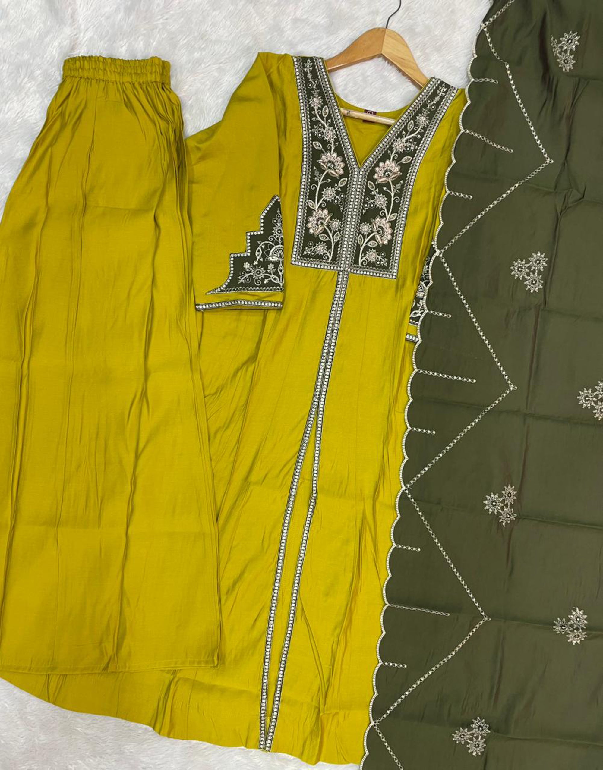 Lorenvalley Fashion Mustard Roman Silk Multi Embroidery Thread With Beautiful Hand Work Kurta Palazzo Dupatta - Dista