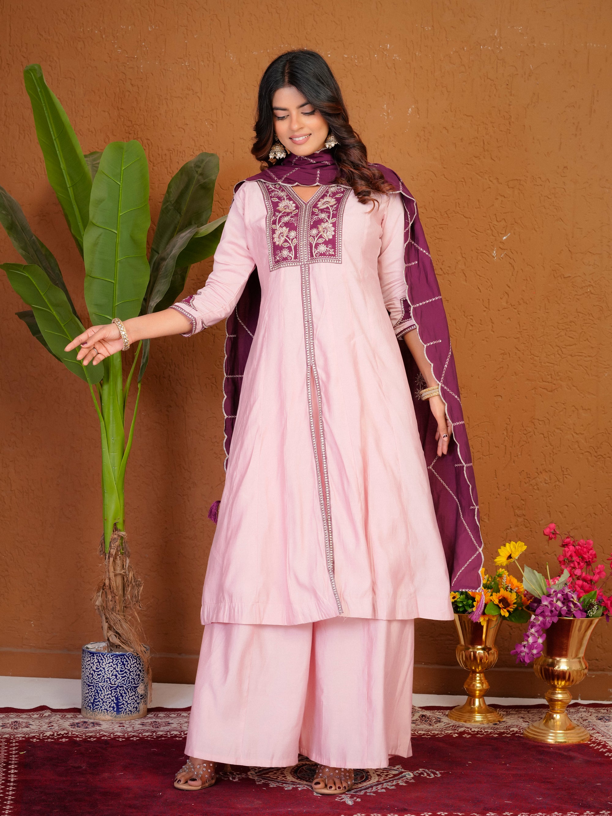 Lorenvalley Fashion Pink Roman Silk Multi Embroidery Thread With Beautiful Hand Work Kurta Palazzo Dupatta - Dista