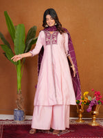 Thumbnail for Lorenvalley Fashion Pink Roman Silk Multi Embroidery Thread With Beautiful Hand Work Kurta Palazzo Dupatta - Dista