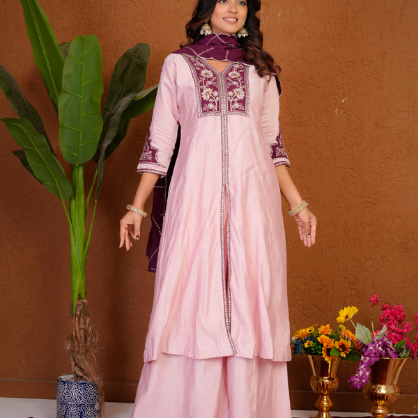 Lorenvalley Fashion Pink Roman Silk Multi Embroidery Thread With Beautiful Hand Work Kurta Palazzo Dupatta - Dista